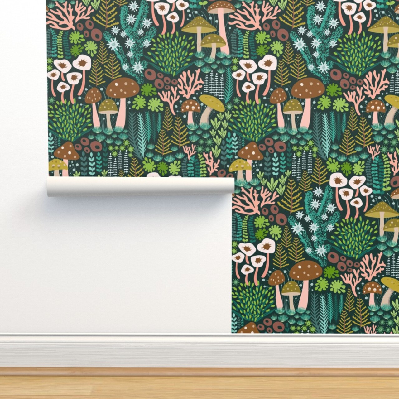 Green Mossy Mushrooms Woodland Botanical Lichen Nature Whimsical Teal Custom Removable Wallpaper by Spoonflower Peel & Stick Wallpaper 2FT Wide